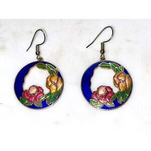 Vintage Genuine Cloisonne Floral Hoop Dangle Drop Earrings
